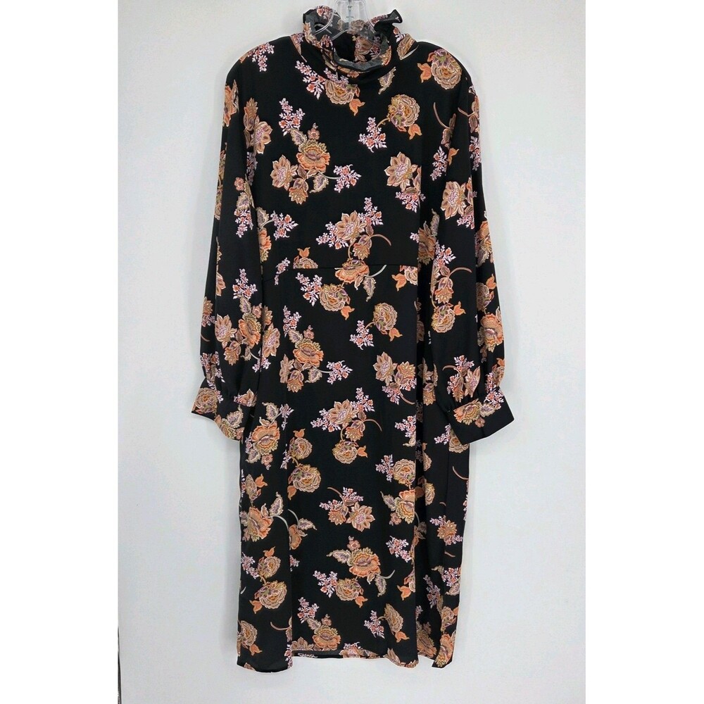 WHO WHAT WEAR Womens Floral Midi Dress XXL Black Mock Neck Long Sleeve Boho Fall